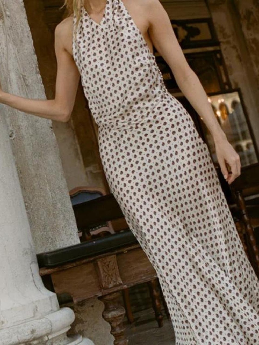 Doen Sleeveless Cream Halter Maxi Dress with Burgundy Dot Print